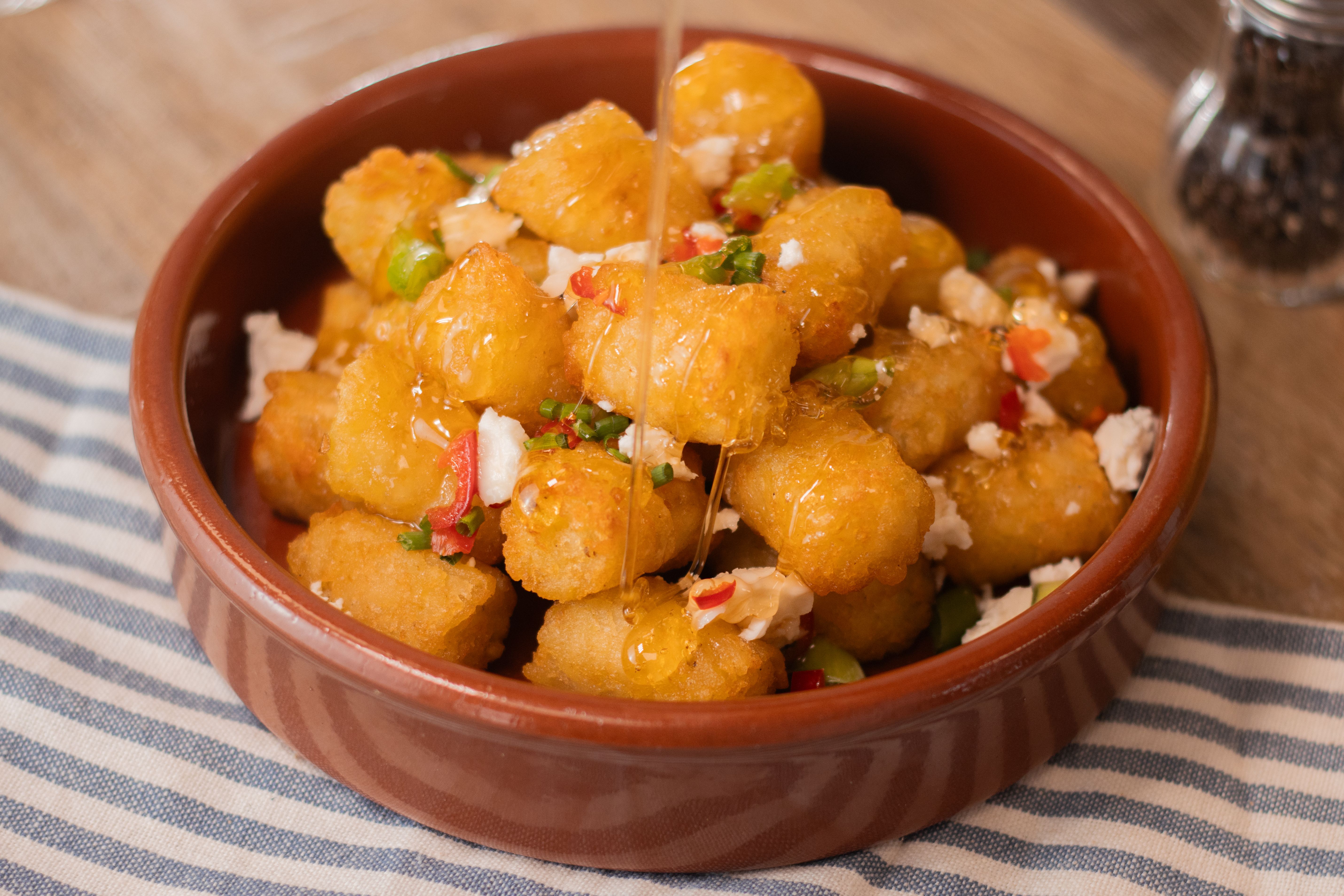 Hot Honey Hash Brown Bites with Feta and Chillies